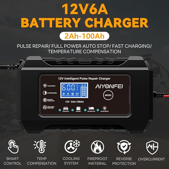 6A 12V Car Battery Charger Smart Maintainer Trickle Charger, Black | Smart Battery Desulfator, Temperature Compensation, for Car Truck Motorcycle, Lawn Mower Marine