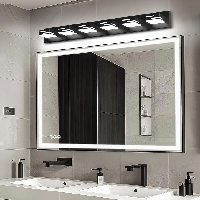 LED Modern Bathroom Vanity Light Fixtures, Dimmable Matte Black Vanity Lights for Bathroom Lighting Fixtures Over Mirror, with 360° Rotatable Acrylic Heads 6-Light 42-inch (Cool White 6000K)
