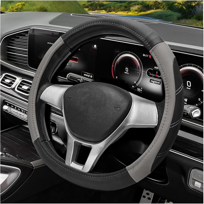 Sport Leather Steering Wheel Cover, 14.5-15 Inch Breathable Auto Steering Wheel Protector with Anti-Slip Lining, Soft Comfortable Leather Wheel Protector for Cars Trucks SUVs (Black & Gray)