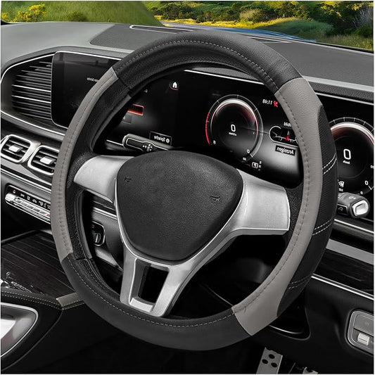 Sport Leather Steering Wheel Cover, 14.5-15 Inch Breathable Auto Steering Wheel Protector with Anti-Slip Lining, Soft Comfortable Leather Wheel Protector for Cars Trucks SUVs (Black & Gray)
