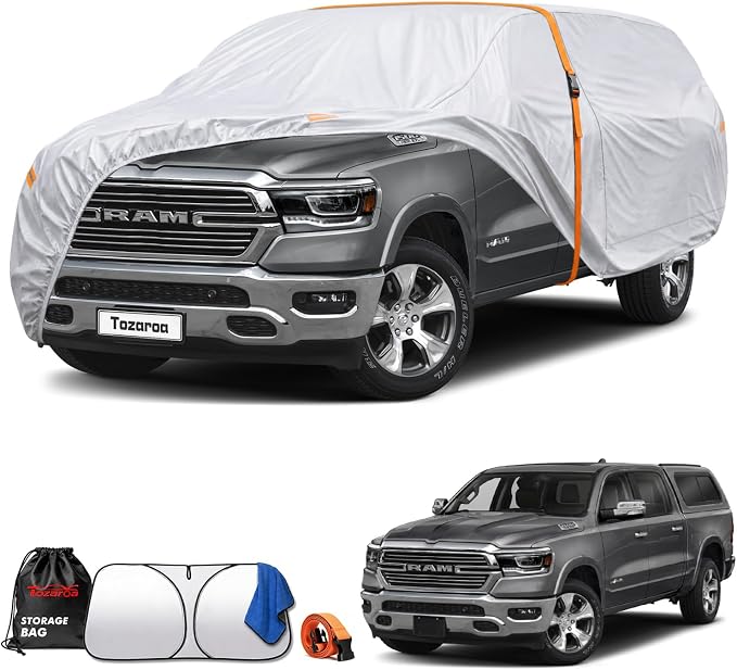 Truck Cover Waterproof All-Weather,Outdoor Full Exterior Pickup Covers for Truck Cover with Camper Shell Topper (229-246 inch),with Windshield Sun Shade,Size T5+ (See Size Chart)