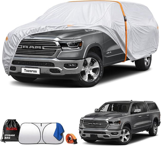 Truck Cover Waterproof All-Weather,Outdoor Full Exterior Pickup Covers for Truck Cover with Camper Shell Topper (229-246 inch),with Windshield Sun Shade,Size T5+ (See Size Chart)