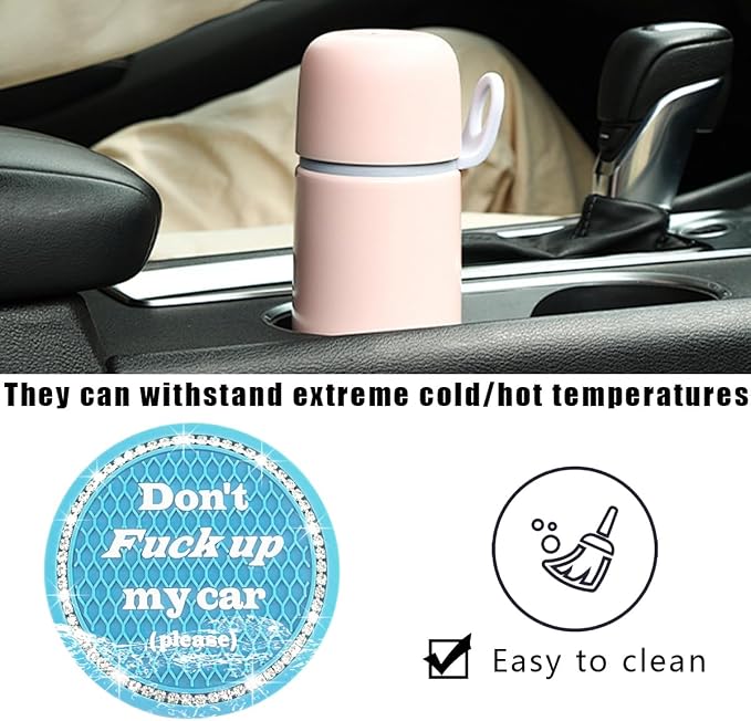 2 PCS Bling Car Cup Coaster, 2.75 Inch Anti-Slip Cup Holder Insert Coasters, Crystal Rhinestone Auto Drink Car Cup Mat for Women Girls, Universal Interior Car Accessories (Light Blue)