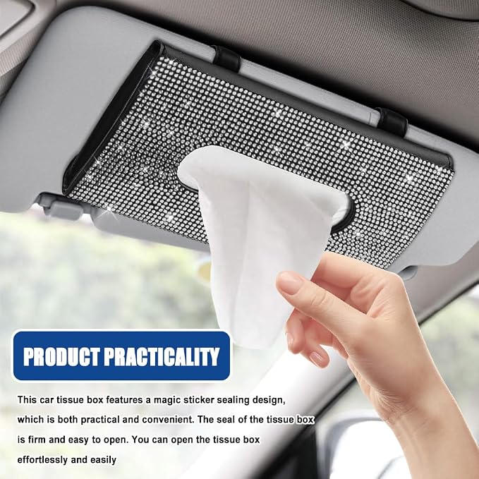 Bling Car Sun Visor Tissue Box Holder, Visor Accessories, Rhinestone PU Leather Crystal Sparkling Napkin Holder, Auto Sun Visor Paper Towel Cover Case Accessories for Most Cars (White)
