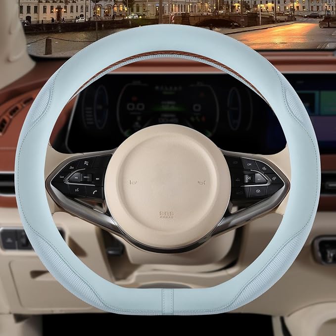 Nappa Leather Blue D Shaped Steering Wheel Cover 14 inch | Non-Slip Breathable Baby Blue Ice Silk Fabric, Warm in Winter and Cool in Summer, Small 13.5 inch to 14 inch for Prius Civic