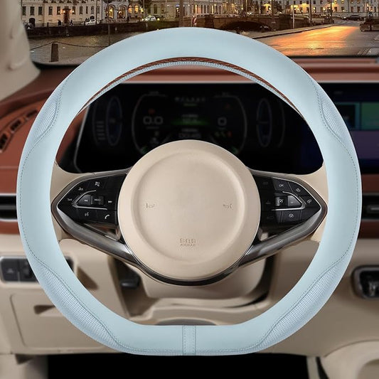 Nappa Leather Blue D Shaped Steering Wheel Cover 14 inch | Non-Slip Breathable Baby Blue Ice Silk Fabric, Warm in Winter and Cool in Summer, Small 13.5 inch to 14 inch for Prius Civic