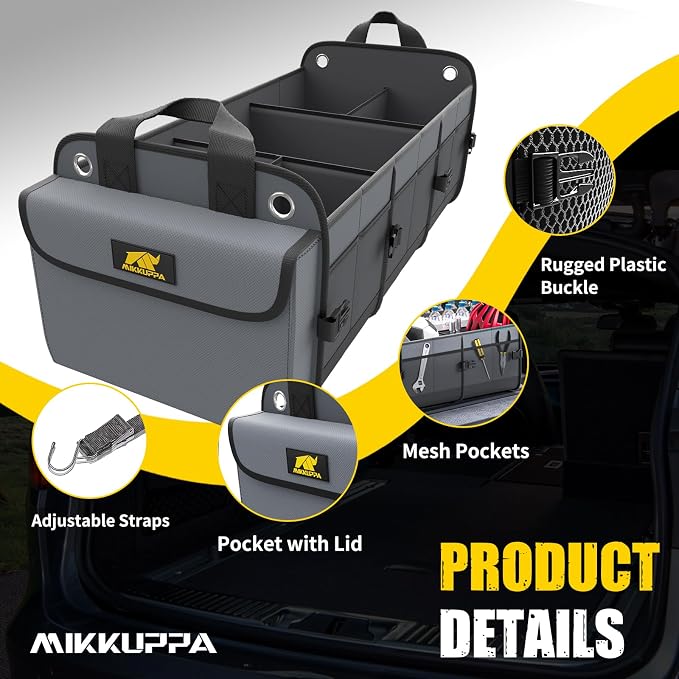 MIKKUPPA Car Trunk Organizer with Cooler, 100L, Premium Material, Gray | Collapsible Heavy Duty Large Car Organizer, Sturdy Trunk Storage for SUV with Adjustable Straps and Non Slip Bottom