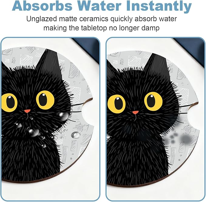 Car Cup Holder Coaster Set of 2, 2.56 in Ceramic Coasters, Scratch-Resistant Cork Backing, Finger Groove Design for Easy Placement, Cute Car Accessories Interior for Women (Black Cat)