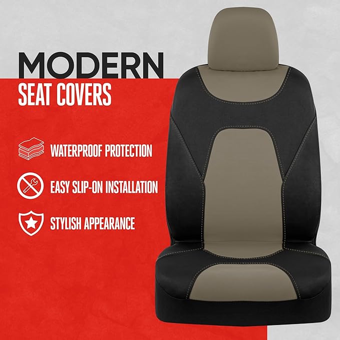 Motor Trend AquaShield Waterproof Front Seat Covers, Beige Seat Covers for Cars – Neoprene Front Car Seats Cover, SUV Seat Covers Protector - Car Interior Cover for Auto, Trucks, & Dog Owners
