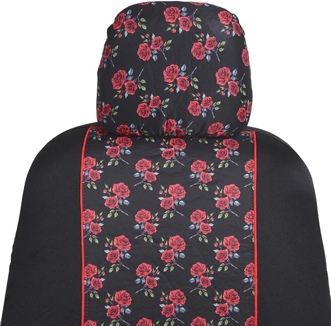 BDK Red Rose Car Seat Covers for Front Seats, 2 Pack – Flower Pattern Front Seat Cover Set with Matching Headrest, Sideless Design for Easy Installation, Fits Most Car Truck Van and SUV