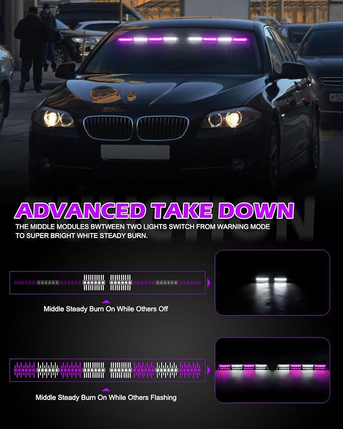 HLauto 604N Emergency Dash Strobe Lights: 2x16.8 inch Purple White Security Light w/Take Down, 48 LED Safety Flashing Warning Hazard Interior Windshield Light Bar for Truck Vehicle