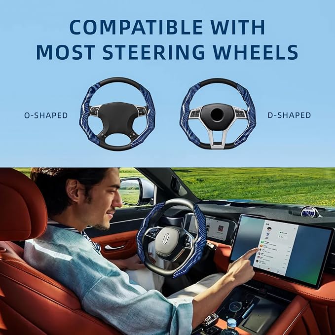 Carbon Fiber Steering Wheel Cover 2PCS Segmented Clip-on Protector (Blue) | Universal Fit, Anti-Slip Lining, Sporty Style, Car Interior Accessory for Men and Women