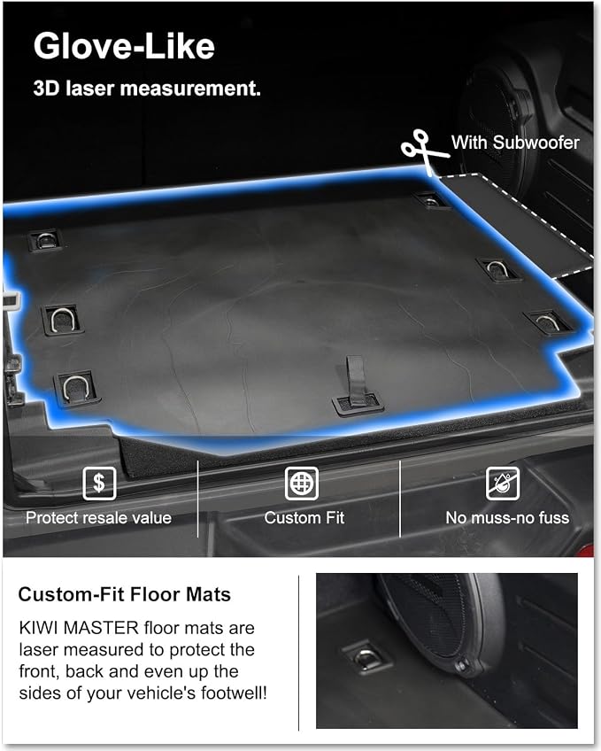 Kiwi Master Cargo Mat for 2018-2026 Jeep Wrangler JL 4-Door (Non 4xe) | Custom Fit All Weather Rear Cargo Liner, Heavy Duty TPE Tray Trunk Mat, Black