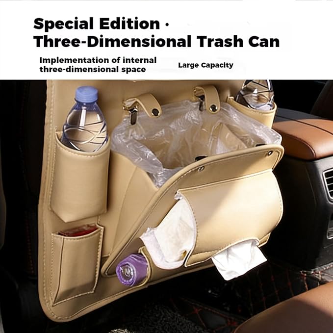 Backseat Car Organizer with Tray, 1 Pack Leather Seat Storage, Cream | Foldable Tray Table,Tablet Holder,Trash Can Pocket,Kick Mat Protector,Easy-Clean Leather