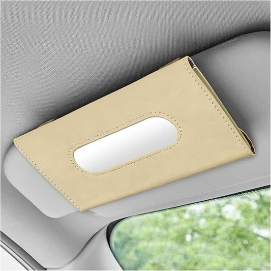 Car Tissue Holder, Auto Sun Visor Napkin Holder Hanging Paper Towel Dispenser with Tissue Refill, Premium Leather Napkin Case Mask Organizer for Backseat & Visor, Car Accessories (Beige)