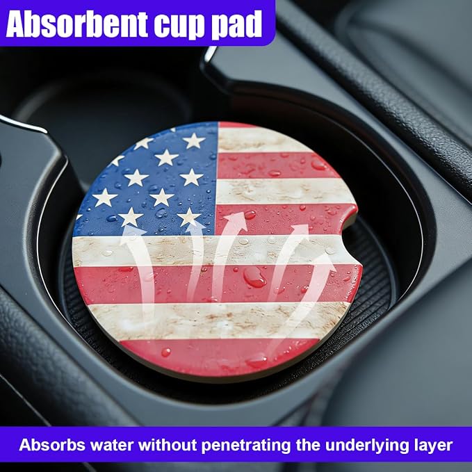 Craedli 2PCS American Flag Car Coasters for Cup Holders, 2.51" Absorbent Ceramic Anti-Slip Drink Insert Car Cup Holder Coaster with Finger Notch, Universal Auto Interior Accessory for Women Men (Red)
