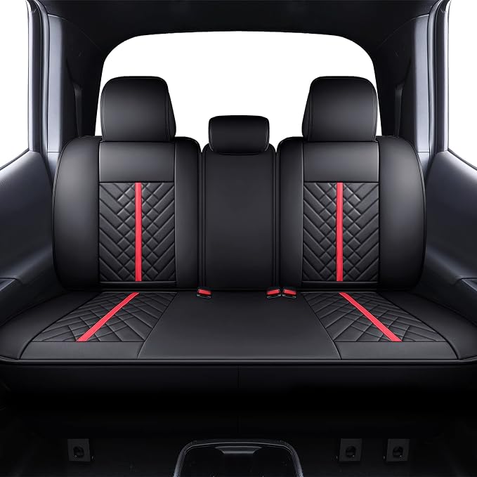 Tomatoman Tacoma Rear Seat Covers Compatible with Toyota Tacoma 2005-2025 2026 TRD Sport OffRoad Limited SR5 V6 Crew Double Extended Cab Truck Waterproof Leather Back Car Cushions(Rear Seat/Black-Red)