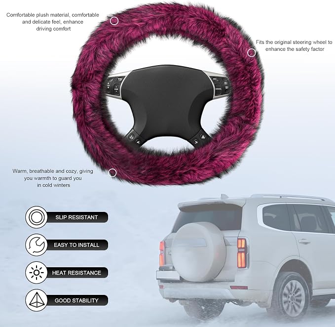 Fluffy Steering Wheel Cover, 15 Inch Anti-Slip Microfiber Plush Fuzzy Steering Wheel Cover, Winter Warm Elastic Fuzzy Steering Wheel Covers for Women and Men, Car Accessories (Rose Red)