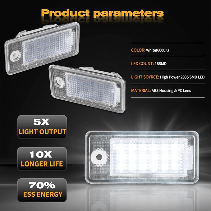 Full SMD LED License Plate Lights LED Tag Lamps Compatible with Audi A3 S3 A4 S4 A6 S6 C6 A8 S8 Q7 RS4 License Number Plate Lamps Avant quattro Cabriolet License Plate Light, White 6000K, Pack of 2