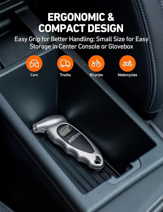 AstroAI Digital Tire Pressure Gauge 0-150PSI Calibrated to ANSI B40.7 +/-1PSI, Accurate in 0.1 Increments, 4 Pressure Measurements for Car Truck Bicycle with Backlight LCD, Silver