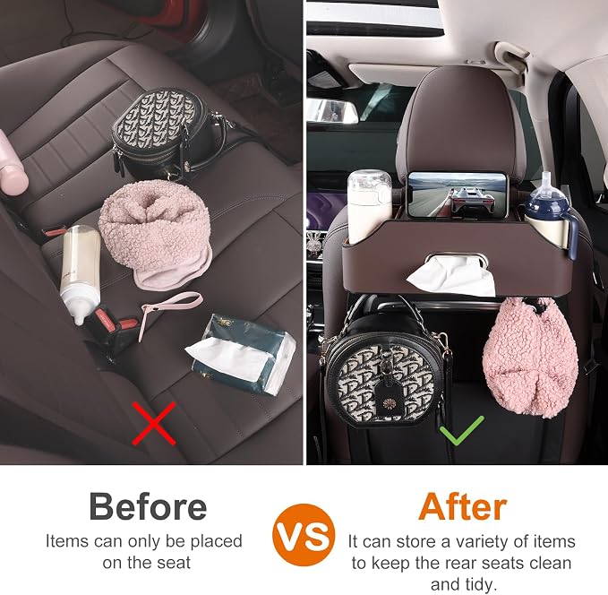 Car Rear Backseat Extra Multifunctional Drink Cup Holder Organizers with Tissue Storage Box Organizer & Hooks for Car Seat Back. Brown
