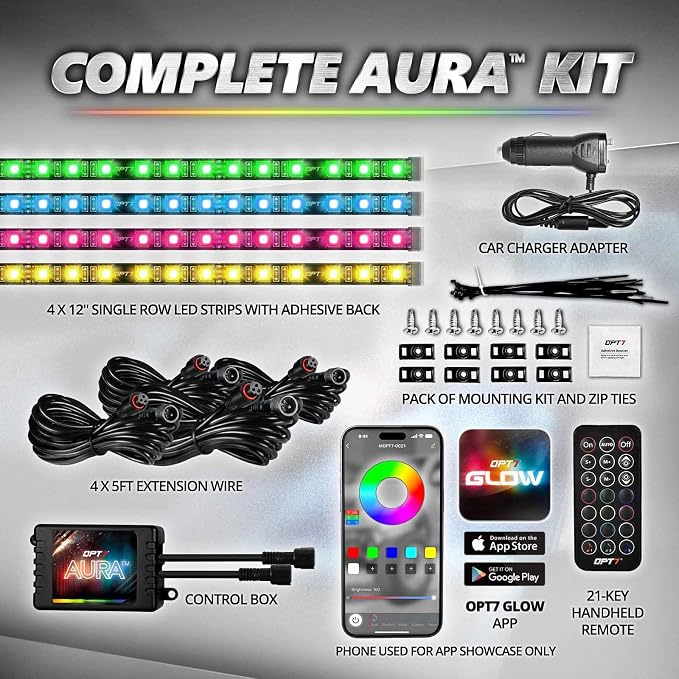 OPT7 Aura Pro Multicolor Interior Car Lights with App & Remote, 4PC LED Kit | Interior Ambient Glow, Music Sync Lighting, 12V Car Charger, RGB LED Light Strips, SUV Under Dash Decor