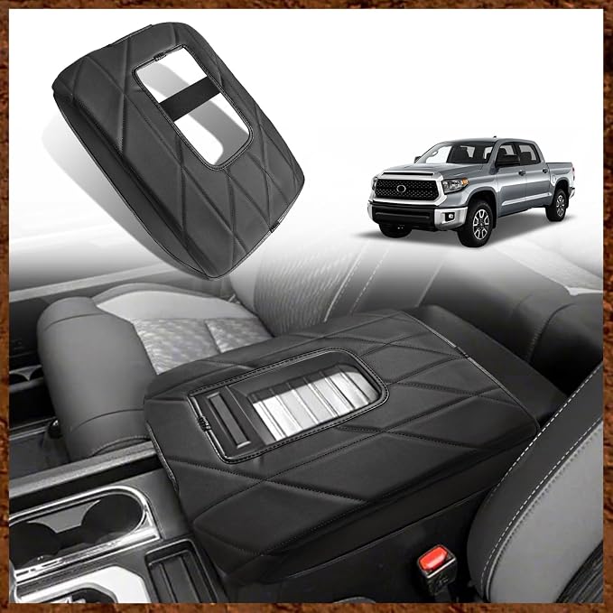 Muslogy Center Console Armrest Cover Fit for Toyota Tundra 2014-2021 Accessories, Comfort Armrest Pad Console Lid Cushion Vegan Leather Regular Thick(Bucket Seat ONLY)