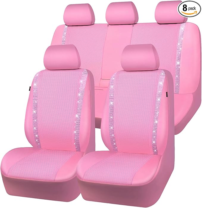 CAR PASS Bling Diamond Car Seat Covers Full Set, Shining Rhinestone Waterproof Faux Leather, Rear with Zipper, Universal Fit Automotive Glitter Crystal Sparkle Strips for Cute Women Girl, Pink