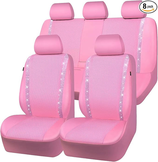 CAR PASS Bling Diamond Car Seat Covers Full Set, Shining Rhinestone Waterproof Faux Leather, Rear with Zipper, Universal Fit Automotive Glitter Crystal Sparkle Strips for Cute Women Girl, Pink