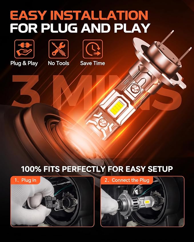 SEALIGHT H7 Bulbs, 64,000LM 900% Brightness H7 Light Bulbs, 6500K Cool White Bulbs with 15000RPM Fan, Plug and Play ATV/UTV, 10-Year Extended Lifespan IP68 Waterproof, Pack of 2