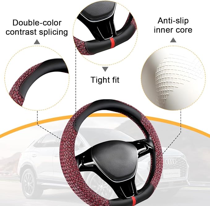 Zpana Car Steering Wheel Cover, 14.5-15" Breathable Linen Sporty Vehicle Steering Wheel Protector with Non-Slip Lining, Automotive Interior Decoration Accessories, Universal Fit (Black/Red)