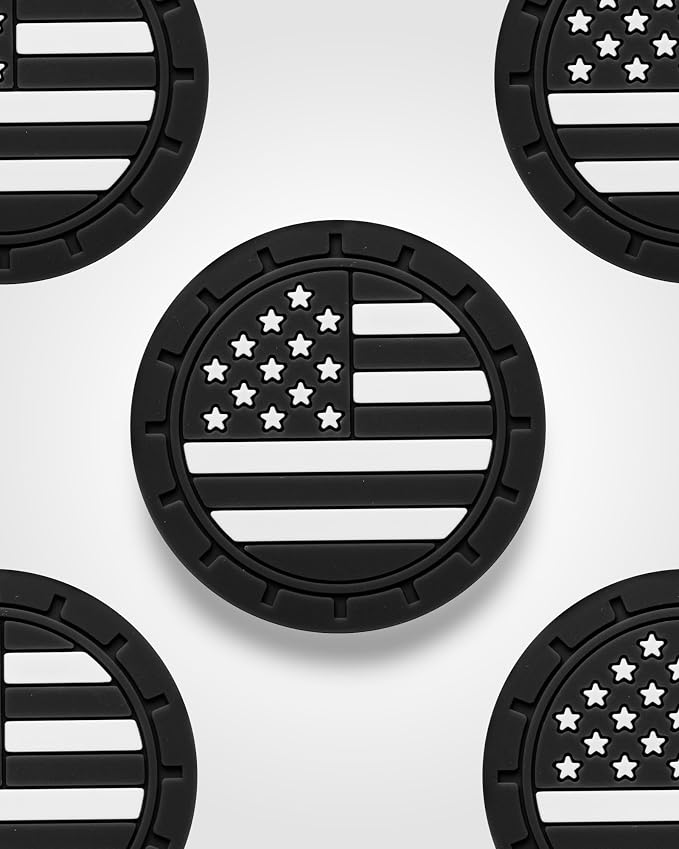 Coaster for Cup Holder - 4 Pack Silicone Auto Drink Coasters Mat American Flag Universal Non-Slip Inserts Car Interior Accessories, Black