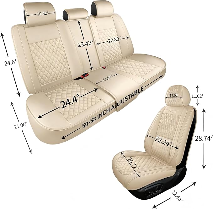 Light Beige Thick Nappa Leather Automotive Car Seat Covers Full Set | Univerasal Precision Fit,Lumbar Support,3D Contoured,Waterproof,ThickTexture,for most Suvs Trucks Sedans