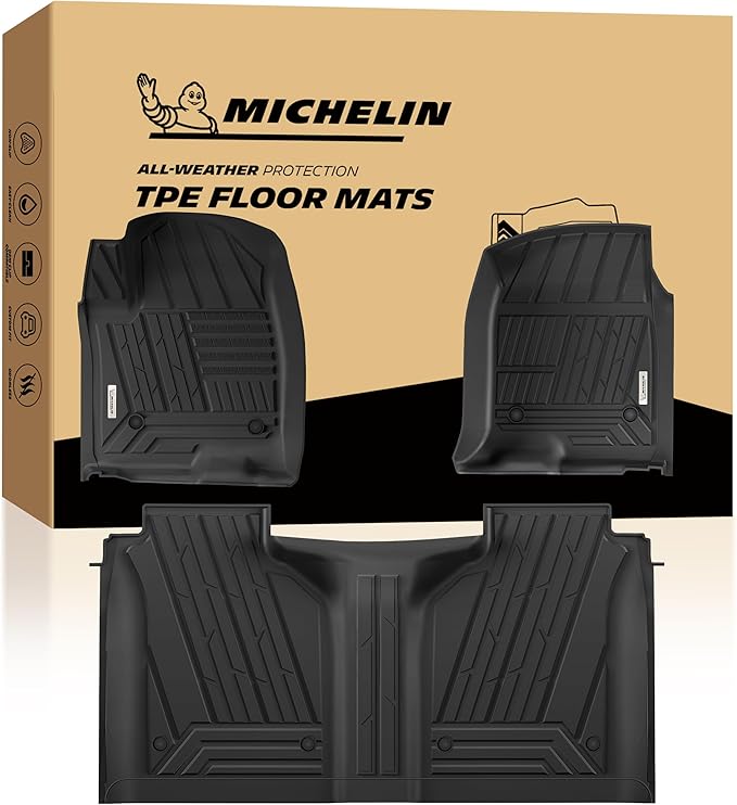 Michelin Vehicle Mats, All-Weather TPE Custom Fit Liner for 2019-2026 Silverado/Sierra 1500 & 2020-2026 2500/3500 Crew Cab Bucket Seat Carpet Floor with Rear Under-Seat Storage, Elite