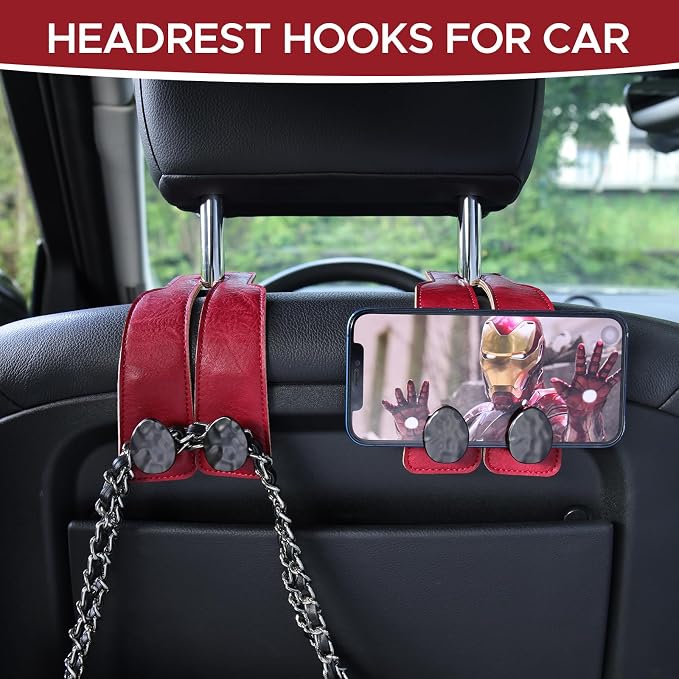 Leather Car Purse Hook for Headrest, 2 Pack (Red-Black) | Twin Hooks Headrest Hangers, 2/4 Pack, No-Slip, Scratch-Proof, Holds Purses, Backpacks, Grocery Bags, Car Organizer Gift