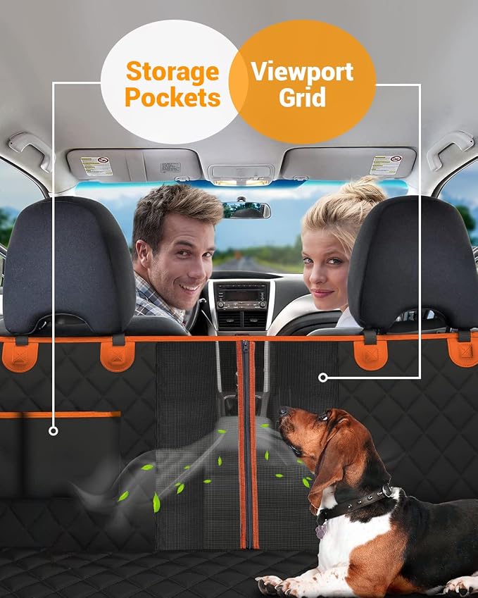 Dog Car Seat Cover, 600D Heavy Dute Car Seat Cover for Dogs Pets, 100% Waterproof Anti-Scratch Nonslip Dog Hammock for Cars, Seat Covers Protector with Seatbelt for Sedan SUV Truck XL Orange&Black