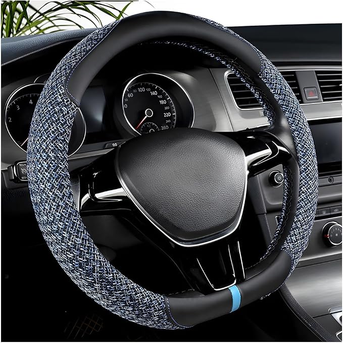 Zpana Car Steering Wheel Cover, 14.5-15" Breathable Linen Sporty Vehicle Steering Wheel Protector with Non-Slip Lining, Automotive Interior Decoration Accessories, Universal Fit (Black/Blue)