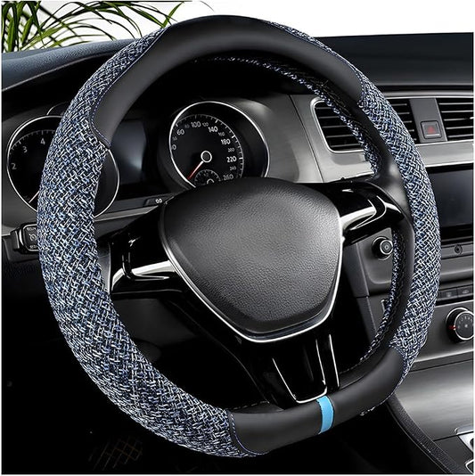 Zpana Car Steering Wheel Cover, 14.5-15" Breathable Linen Sporty Vehicle Steering Wheel Protector with Non-Slip Lining, Automotive Interior Decoration Accessories, Universal Fit (Black/Blue)