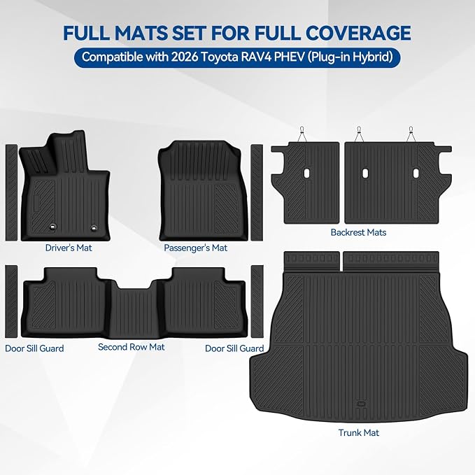 Custom Fit Floor Mats for 2026 Toyota RAV4 PHEV (Plug-in Hybrid) | All Weather TPE Floor Liners & Trunk Mat & Backrest Mats & Door Sill Guard | Odorless Full Set Interior Accessories