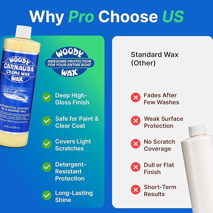 Woody Wax Carnauba Creme Wax, High-Gloss for Marine, RV & Aviation | UV Protection for Paint & Clear Coat, Detergent Resistant Polymers, Covers Light Scratches and Removes Oxidation, 16 oz