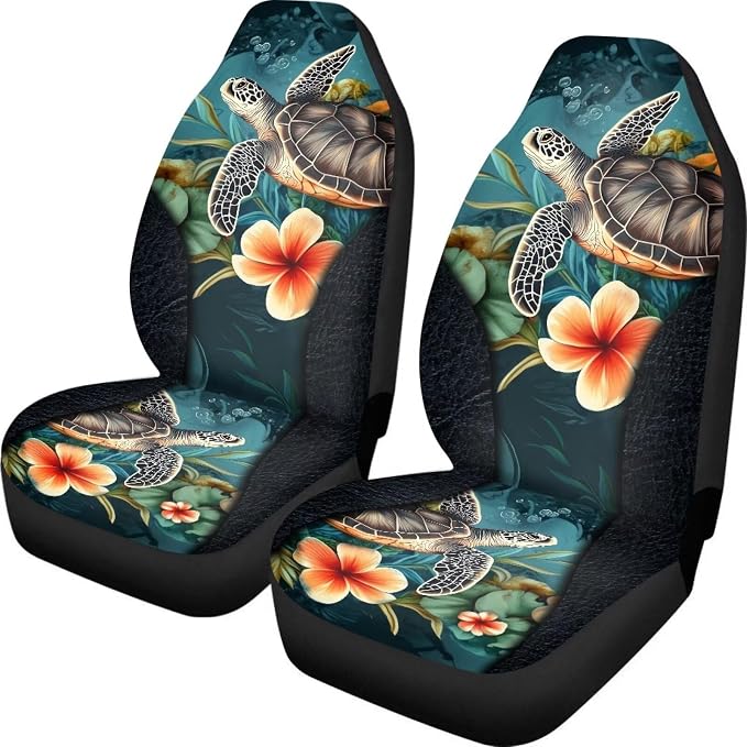 Hawaii Turtle Car Front Seat Cover Set Floral Automotive Car Interior Covers Full Wrapping Edge Seat Cover for Full Back and Seat Universal Fits Most Vehicles,Trucks,SUVs,Vans,Set of 2