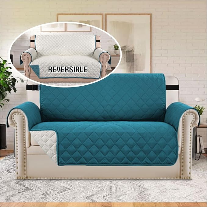 H.VERSAILTEX Reversible Couch Cover Loveseat Cover for 2 Cushion Couch Water Resistant Dog Couch Protector Furniture Cover for Pet Non Slip Loveseat Couch Cover(Oversized Loveseat, Dark Teal/Beige)