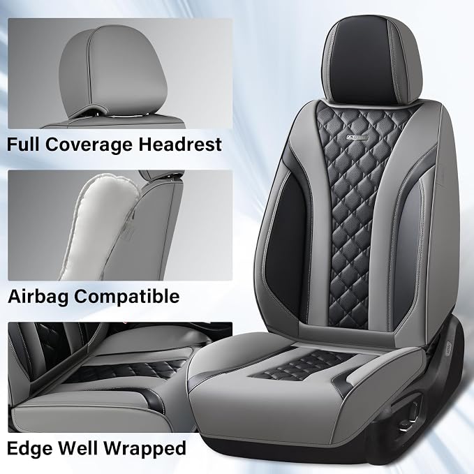 Coverado Car Seat Covers, Seat Covers Full Set, Gray and Black Car Seat Cover, Perforated Diamond Leather Seat Covers for Cars, Luxury Car Seat Cushion, Auto Seat Covers Universal Fit Most Cars