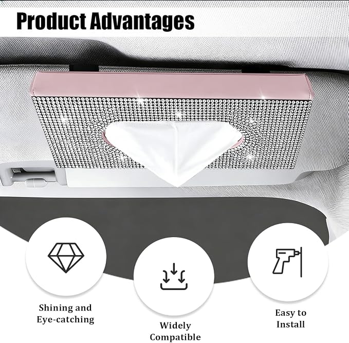 Bling Car Visor Tissue Holder, Shiny Rhinestone Leather Sun Visor Napkin Mask Case Holder Clip, Diamond AUT Paper Tissue Towel Box Dispenser, Universal Fit (White/Pink)