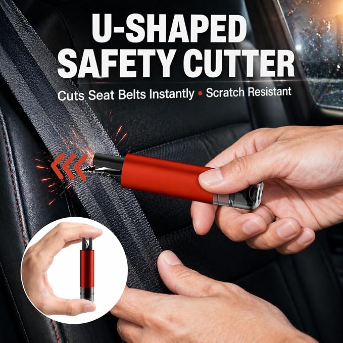 2-in-1 Window Breaker Seatbelt Cutter, Underwater Glass Breaker Window Punch with Tungsten Tip, Safety Kit Emergency Escape Tool with Test Glasses for Vehicle Accidents (Red & Black & Grey)