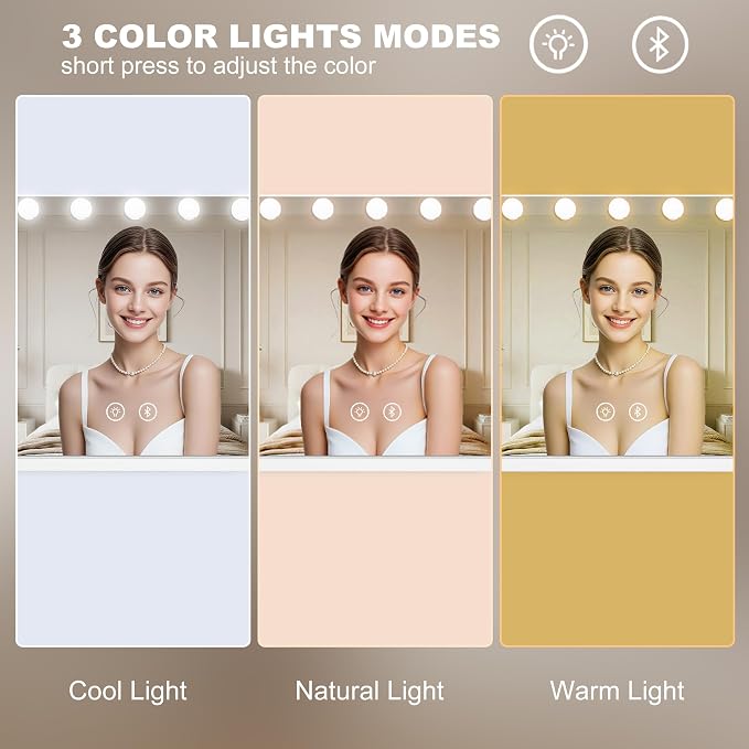 Ratsamee Hollywood Vanity Mirror with Lights and Bluetooth Speaker, 15 Dimmable Bulbs, 3 Color Lights,Make Up Lighted Mirror, Aluminum Metal Frame, USB Charging Port（23" x 18"）
