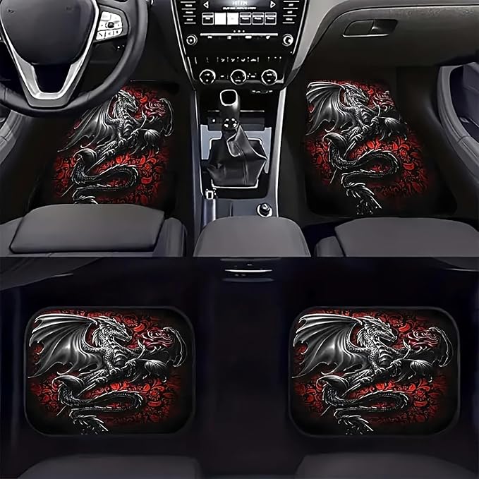 Universal Fit Car Floor Mats Set of 4Pcs, Black Dragon Rose Print All-Weather Front Rear Car Carpet Mats, Non-Slip Car Floor Mat Car Accessories for Automotive Trucks SUV Sedans Vans