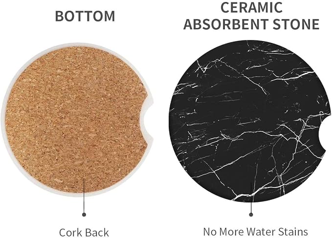 Britimes Absorbent Car Coasters 2 Pack for Cup Holders, 2.56" Ceramic Stone & Non-Scratch Cork Base Drink Coasters Crackle Marble