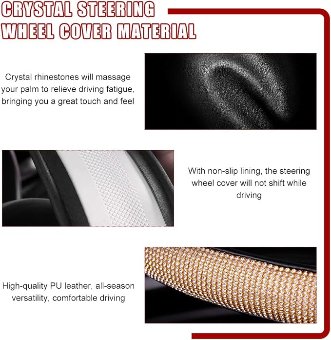 povtii Bling Car Steering Wheel Cover, Sparkling Crystal Rhinestone Auto Wheel Protector, Anti Slip Cover Fit 15 Inch Steering Wheel for Women Girls, Universal Car Accessories (Golden)