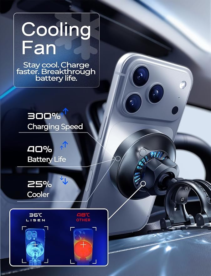 LISEN for Qi2.2 25W for MagSafe Car Mount Charger，[Smart Cooling Fan＆95W Fast Adapter] Magnetic Wireless Car Charger, Phone Holders for Your Car Accessories for iPhone 17 Pro Max Air 16 15 14 13 12 | [Smart Cooling Fan] Magsafe Car Mount Charger, [Qi2 ...